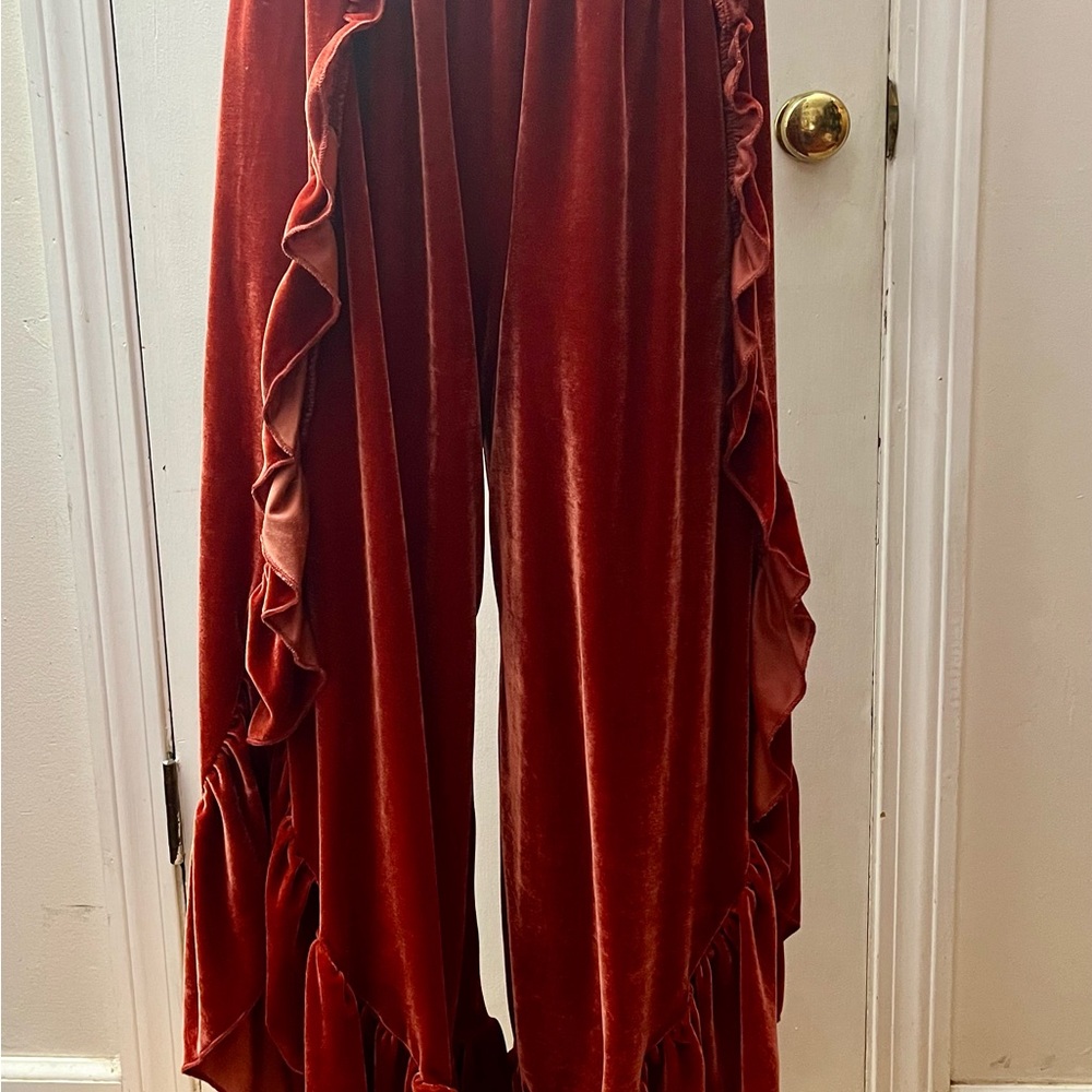 Burnt Orange Rust Color Women’s Velvet Ruffle Pants Size Small